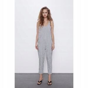 Zara Textured Relaxed Striped Women Overalls Jumpsuit Coastal Cowgirl Style S